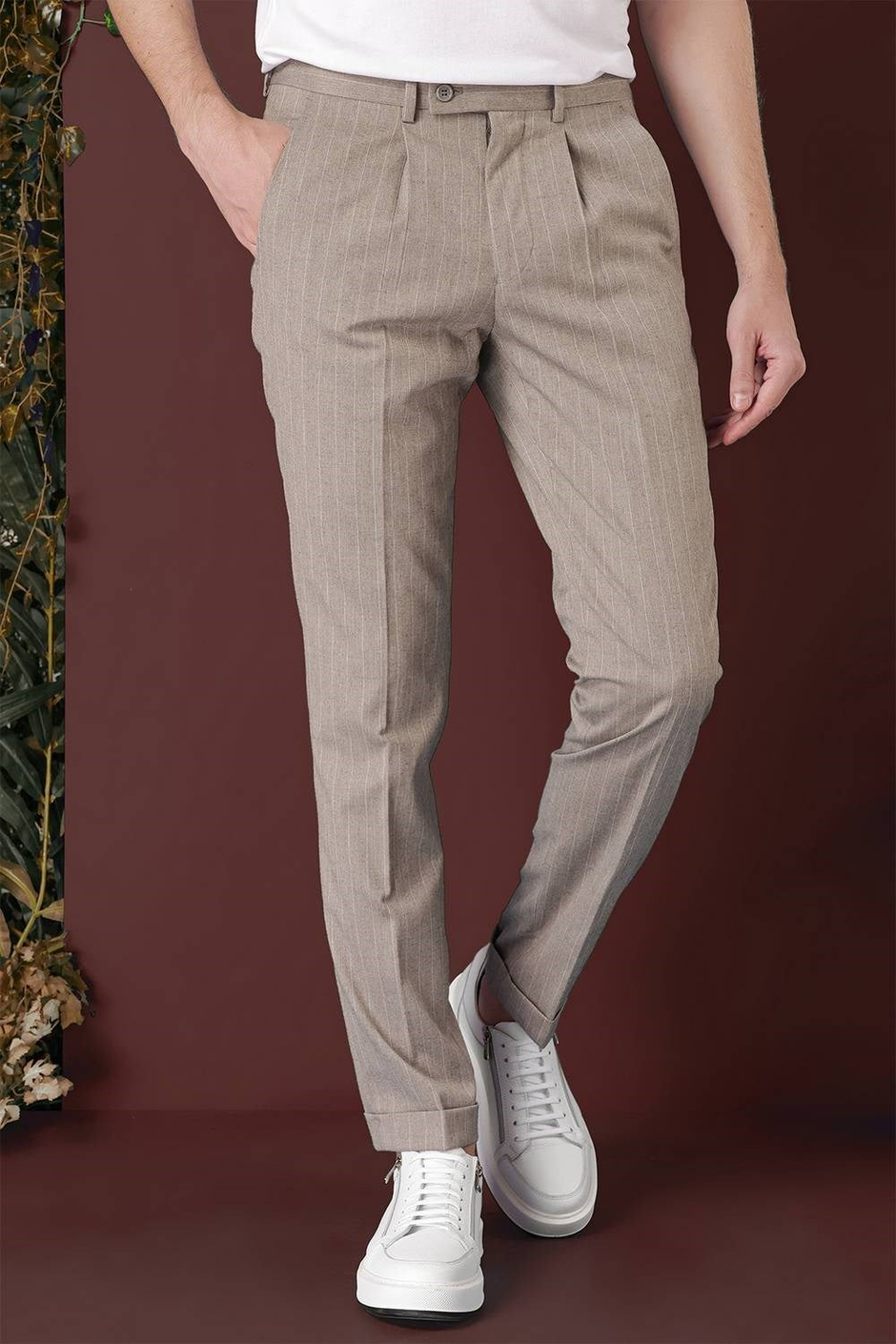 Slim Fit Pileli Esnek Yünlü Çizgili Bej Kumaş Pantolon P 1133