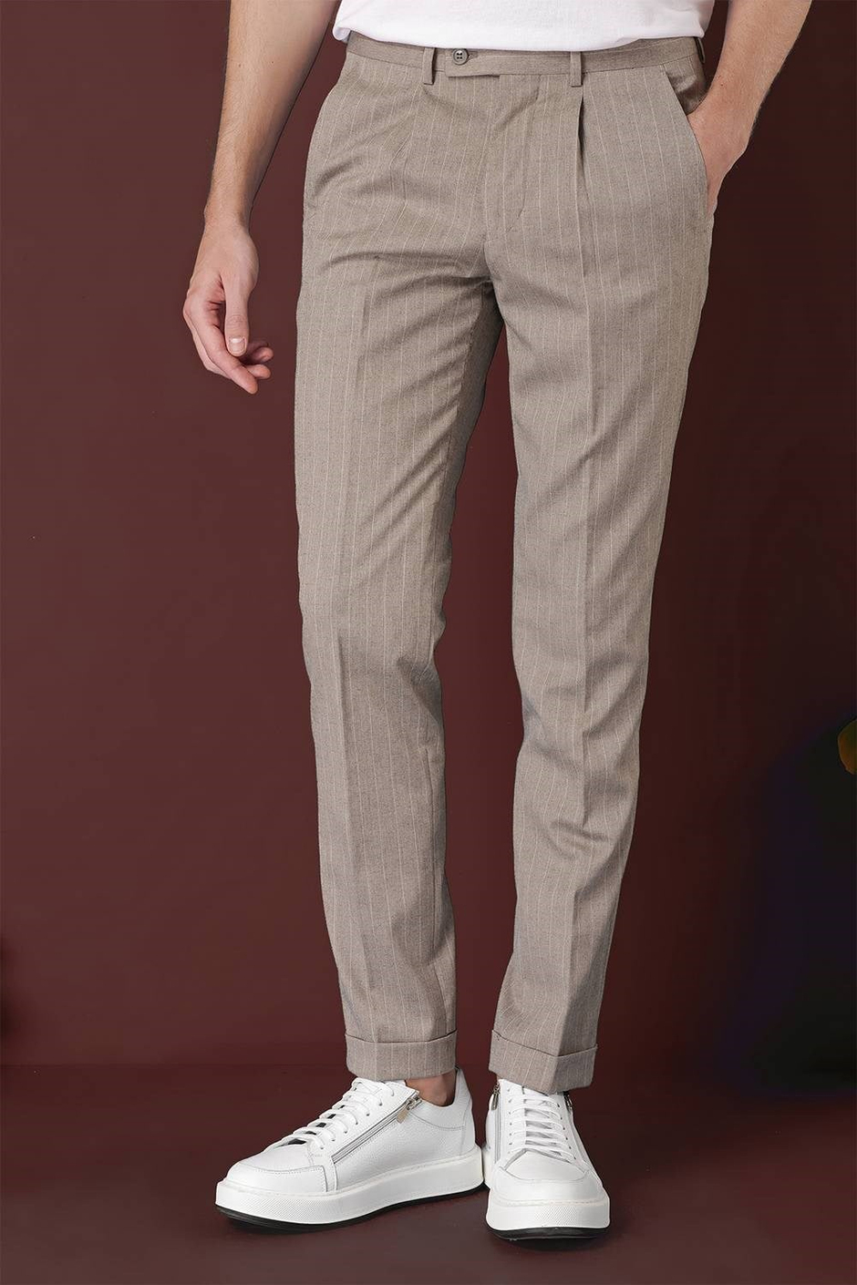 Slim Fit Pileli Esnek Yünlü Çizgili Bej Kumaş Pantolon P 1133