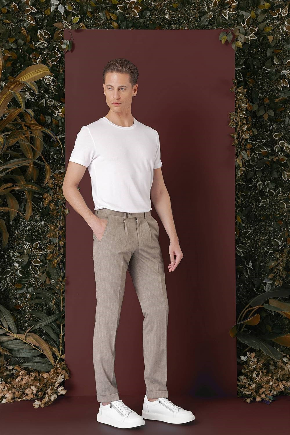 Slim Fit Pileli Esnek Yünlü Çizgili Bej Kumaş Pantolon P 1133