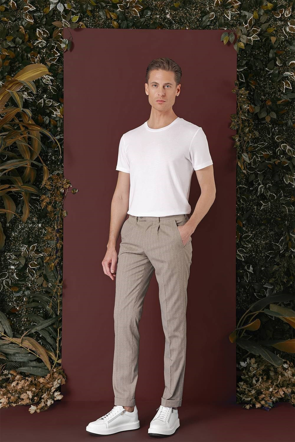 Slim Fit Pileli Esnek Yünlü Çizgili Bej Kumaş Pantolon P 1133