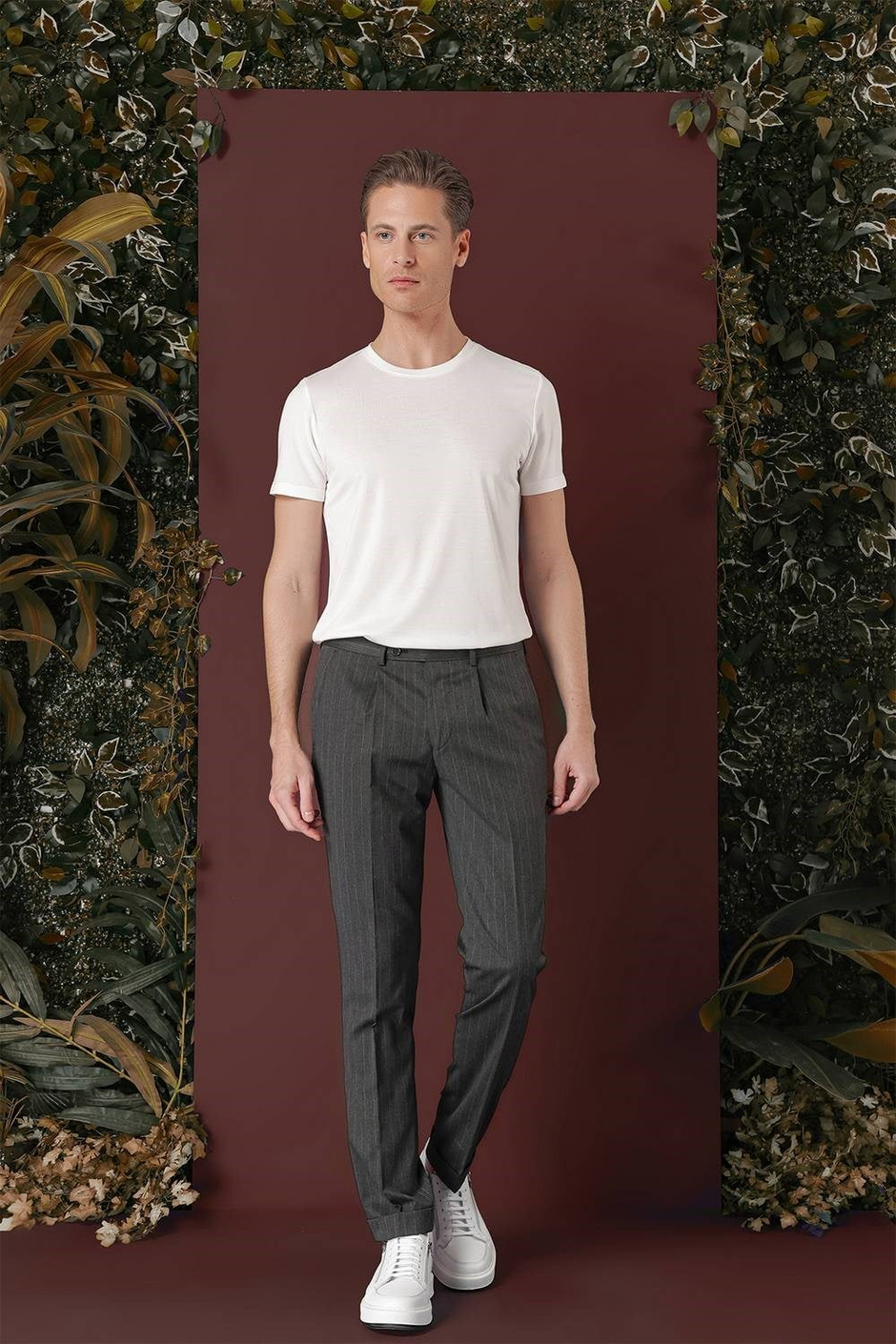 Slim Fit Pileli Esnek Yünlü Çizgili Füme Kumaş Pantolon P 1133