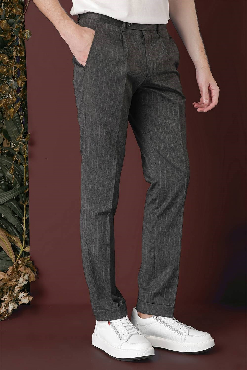 Slim Fit Pileli Esnek Yünlü Çizgili Füme Kumaş Pantolon P 1133