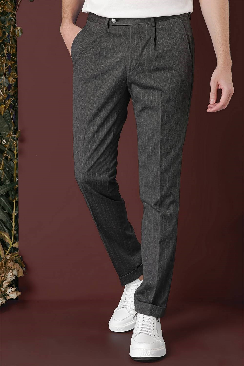 Slim Fit Pileli Esnek Yünlü Çizgili Füme Kumaş Pantolon P 1133