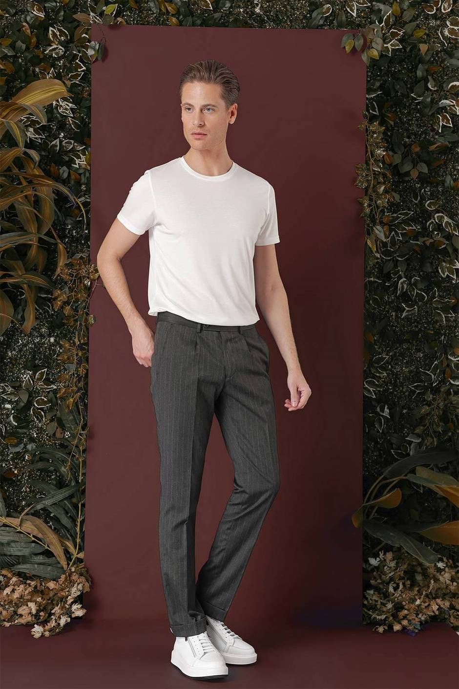 Slim Fit Pileli Esnek Yünlü Çizgili Füme Kumaş Pantolon P 1133
