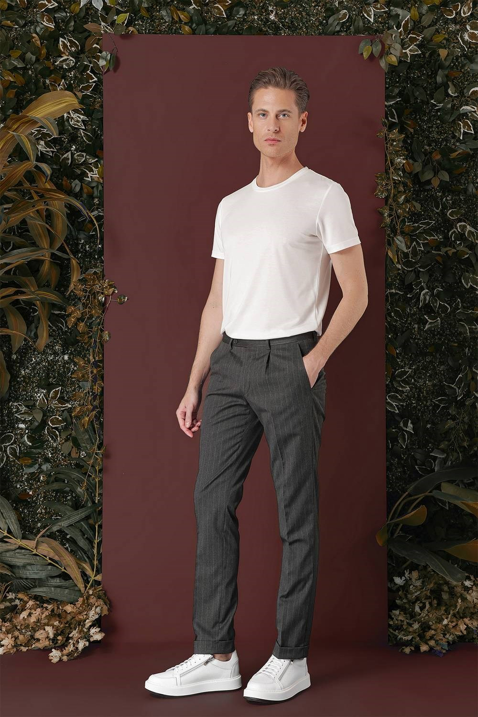 Slim Fit Pileli Esnek Yünlü Çizgili Füme Kumaş Pantolon P 1133
