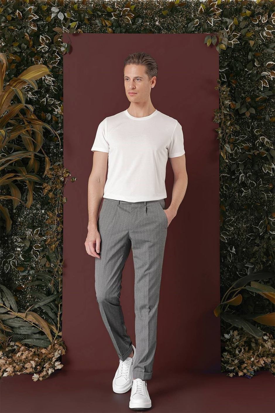 Slim Fit Pileli Esnek Yünlü Çizgili Gri Kumaş Pantolon P 1133