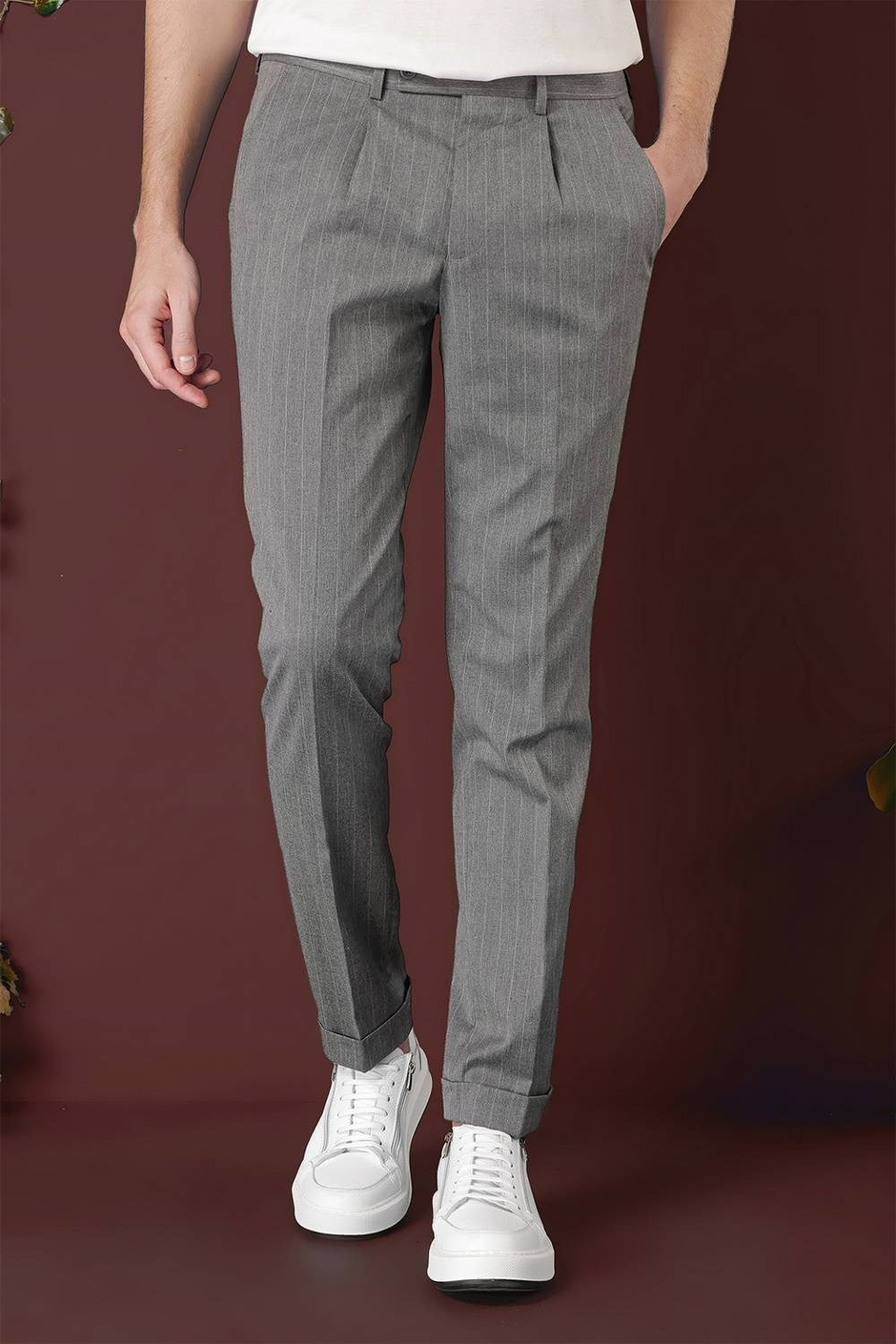 Slim Fit Pileli Esnek Yünlü Çizgili Gri Kumaş Pantolon P 1133
