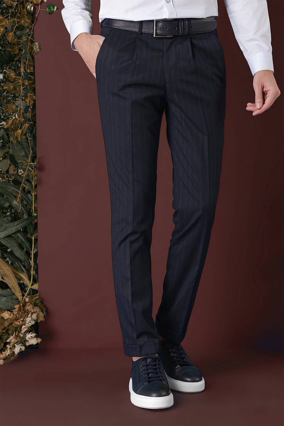 Slim Fit Pileli Esnek Yünlü Çizgili Lacivert Kumaş Pantolon P 1133