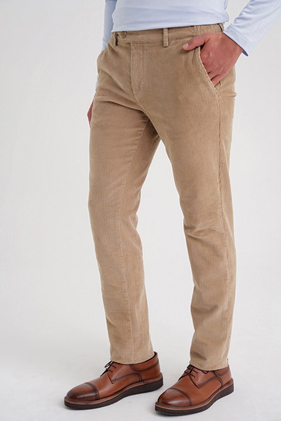 Slim Fit Pilesiz Esnek Pamuklu Bej Fitilli Kadife Pantolon P 1199