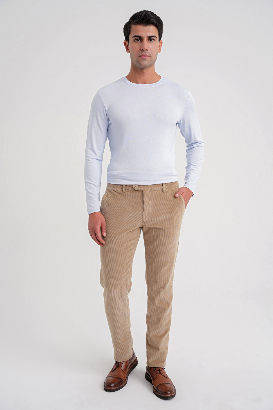 Slim Fit Pilesiz Esnek Pamuklu Bej Fitilli Kadife Pantolon P 1199