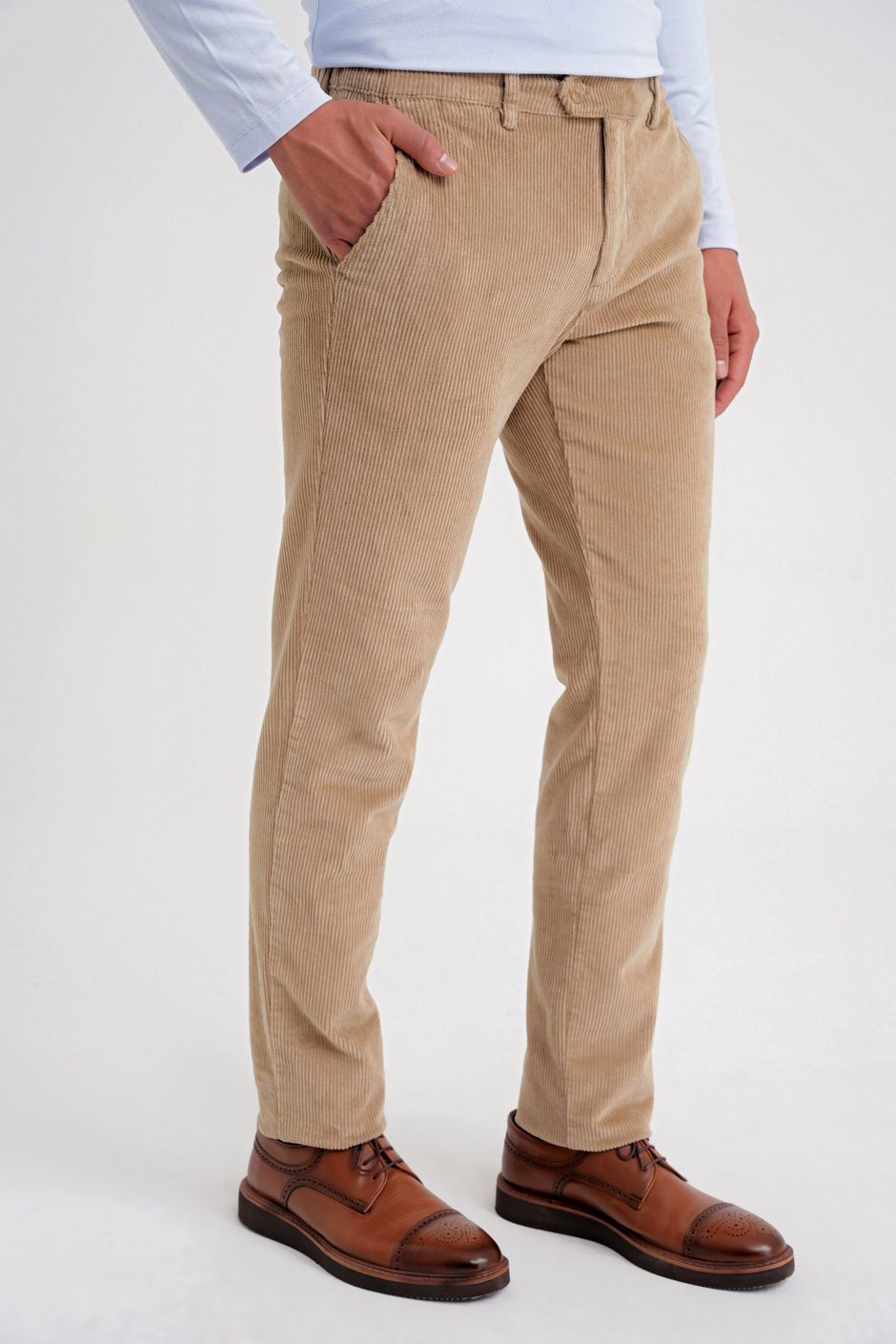 Slim Fit Pilesiz Esnek Pamuklu Bej Fitilli Kadife Pantolon P 1199