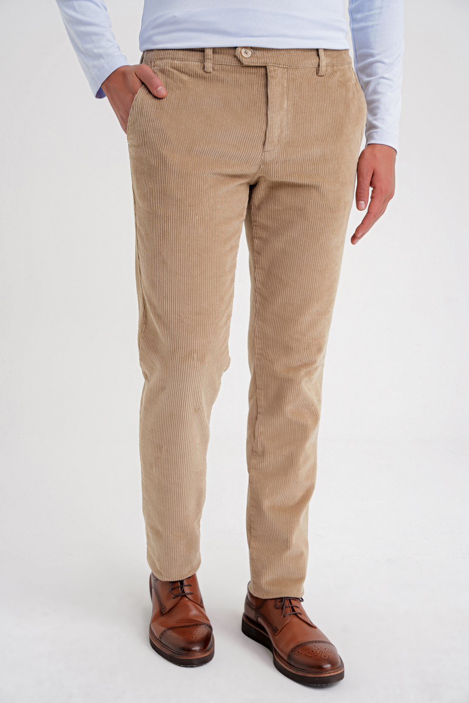 Slim Fit Pilesiz Esnek Pamuklu Bej Fitilli Kadife Pantolon P 1199