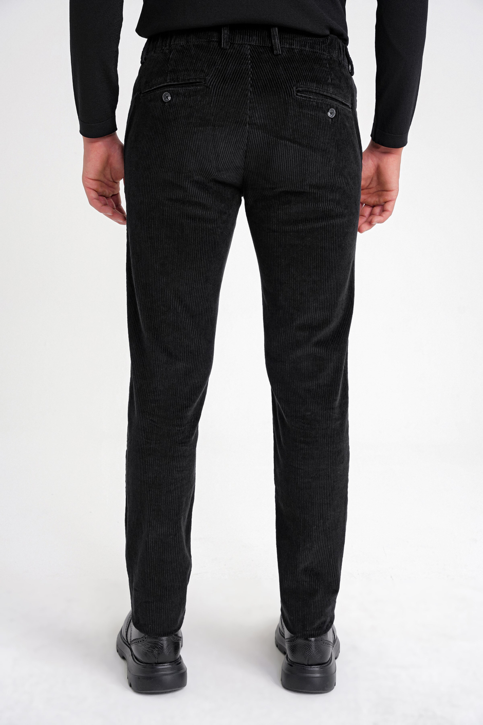 Slim Fit Pilesiz Esnek Pamuklu Siyah Fitilli Kadife Pantolon P 1199