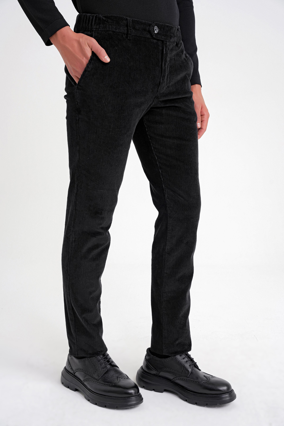 Slim Fit Pilesiz Esnek Pamuklu Siyah Fitilli Kadife Pantolon P 1199