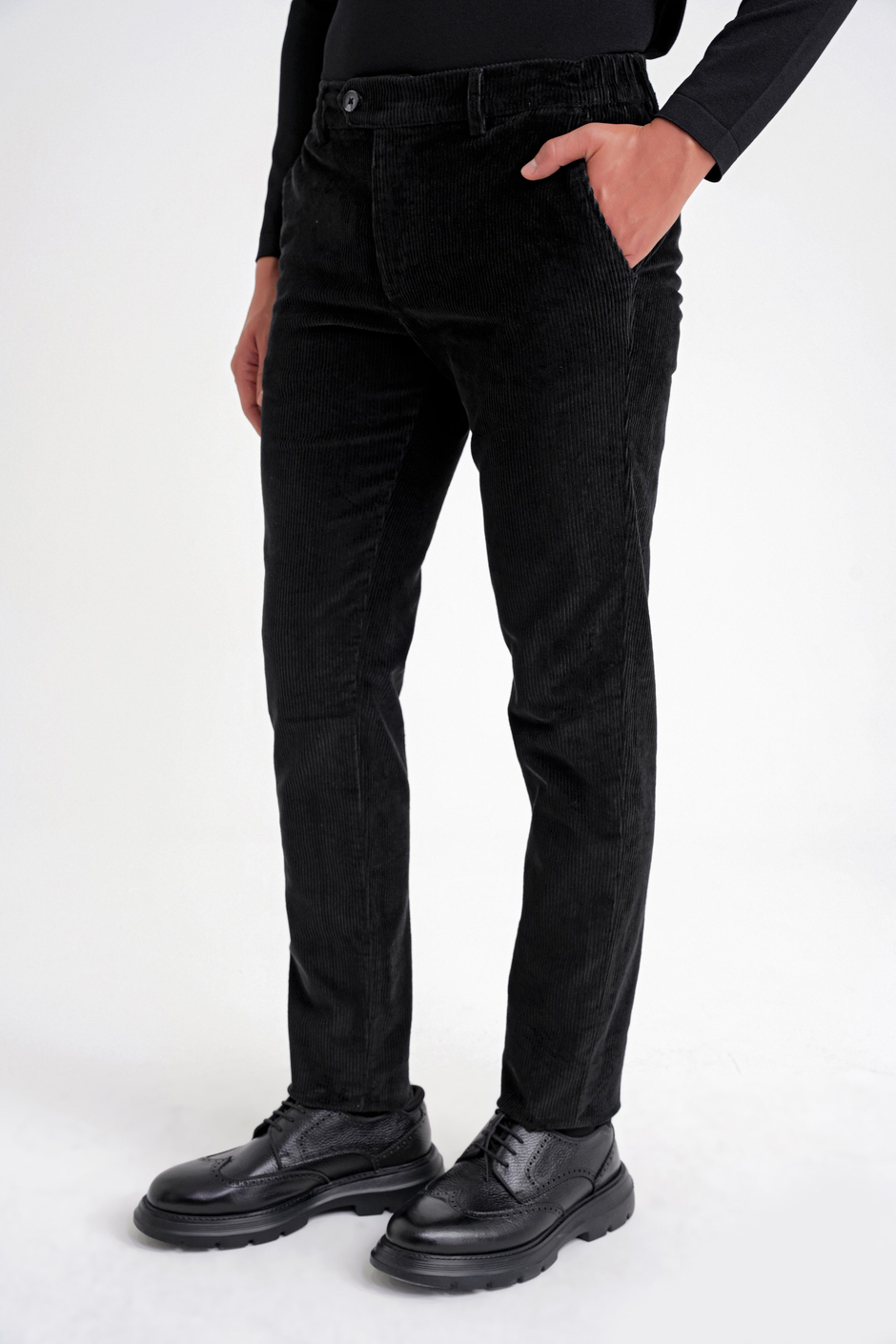 Slim Fit Pilesiz Esnek Pamuklu Siyah Fitilli Kadife Pantolon P 1199