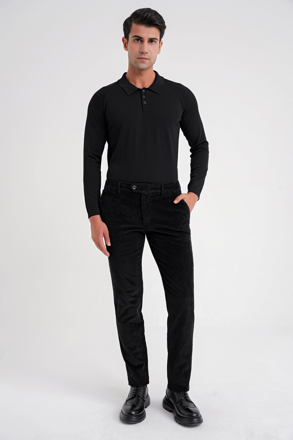Slim Fit Pilesiz Esnek Pamuklu Siyah Fitilli Kadife Pantolon P 1199