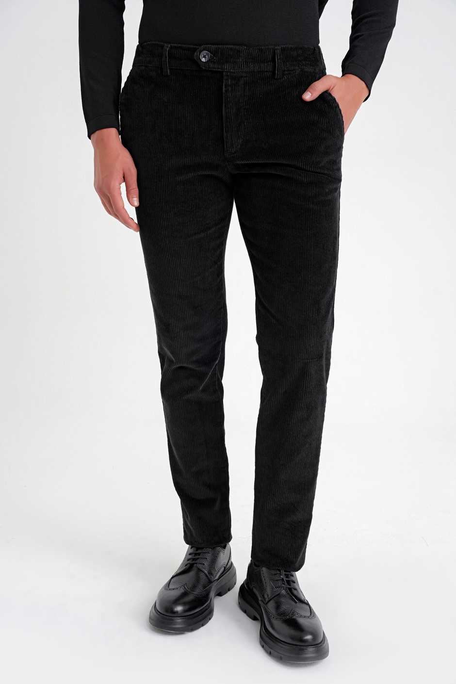 Slim Fit Pilesiz Esnek Pamuklu Siyah Fitilli Kadife Pantolon P 1199