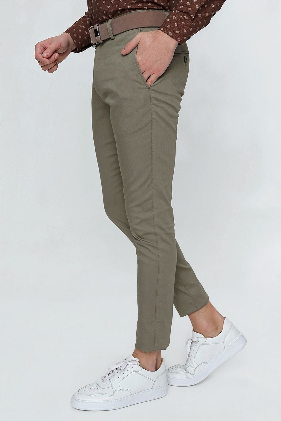 Slim Fit Pilesiz Yan Cepli Esnek %97 Pamuk Haki Chino Pantolon P 1112