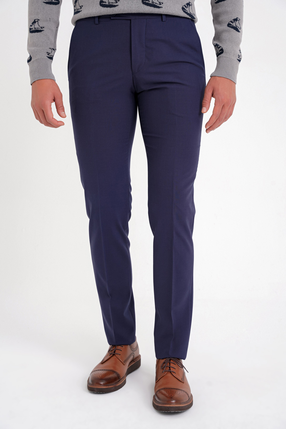 Slim Fit Pilesiz Yan Cepli Esnek Yün Lacivert Kumaş Pantolon P 1091