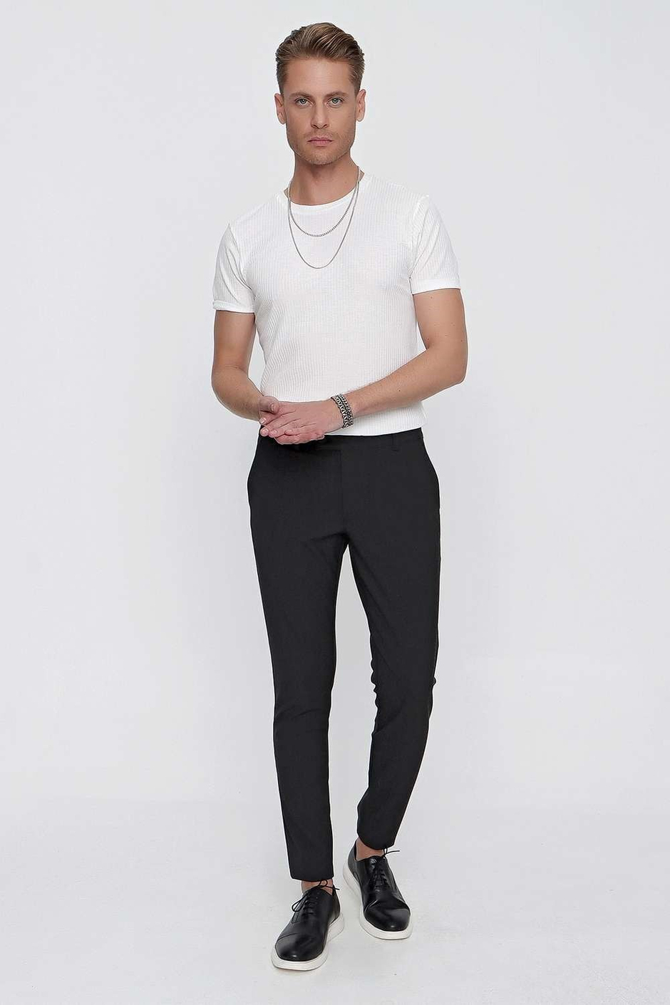 Slim Fit Pilesiz Yan Cepli Esnek Yünlü Antrasit Chino Pantolon P 1102