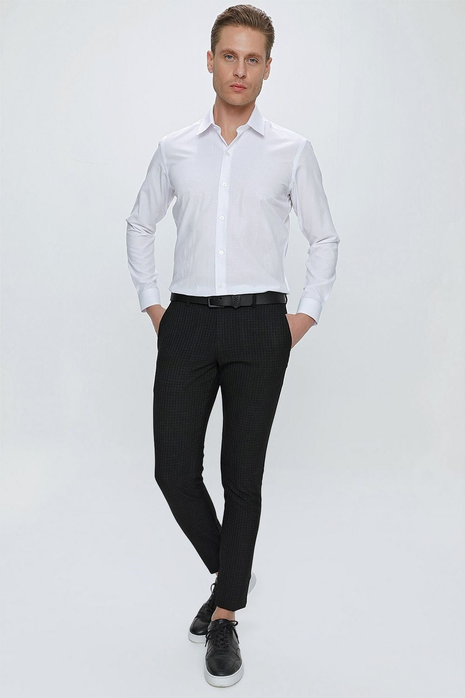 Slim Fit Pilesiz Yan Cepli Pötikareli Esnek Pamuk Siyah Pantolon P 1103