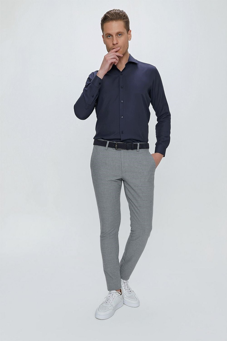 Slim Fit Pilesiz Yan Cepli Pötikareli Esnek Pamuk Gri Pantolon P 1103