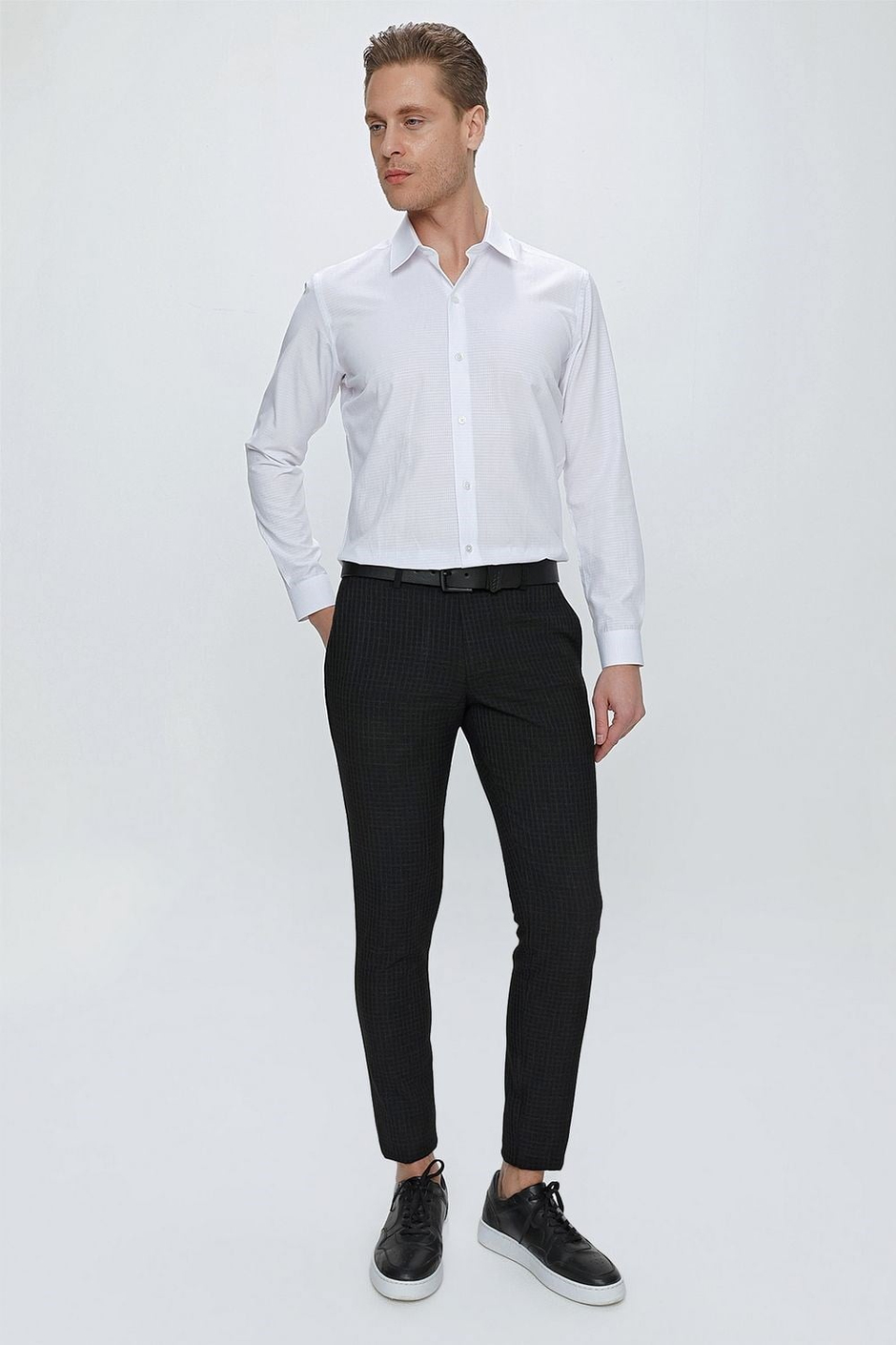 Slim Fit Pilesiz Yan Cepli Pötikareli Esnek Pamuk Siyah Pantolon P 1103