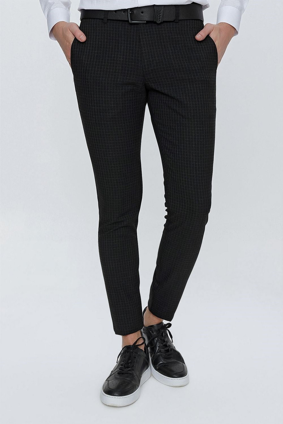 Slim Fit Pilesiz Yan Cepli Pötikareli Esnek Pamuk Siyah Pantolon P 1103