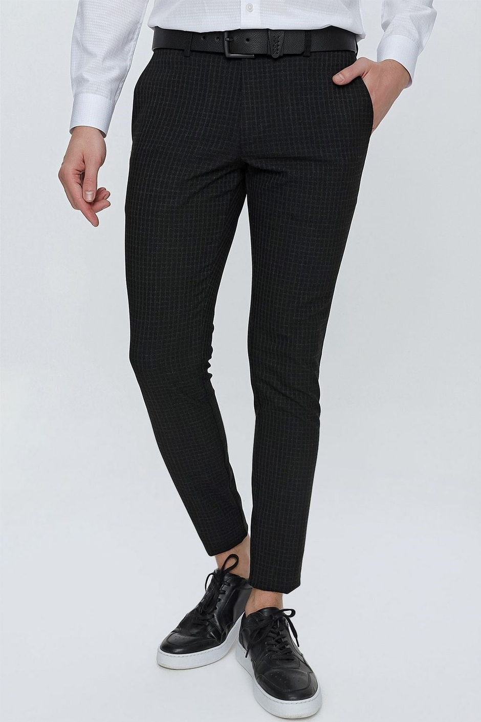 Slim Fit Pilesiz Yan Cepli Pötikareli Esnek Pamuk Siyah Pantolon P 1103