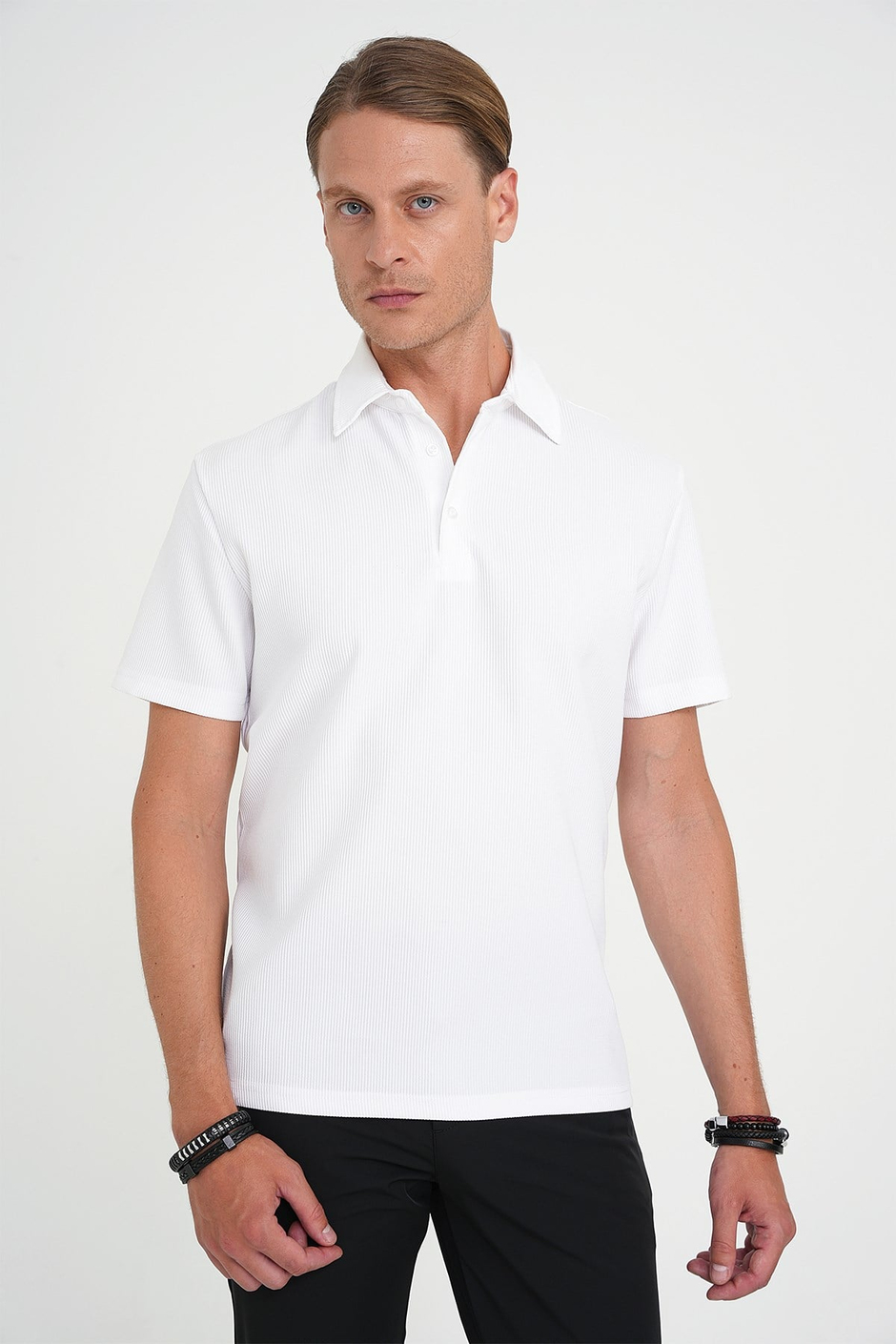 Slim Fit Polo Yaka Fitilli Dokuma Pamuklu Beyaz Tişört TS 904