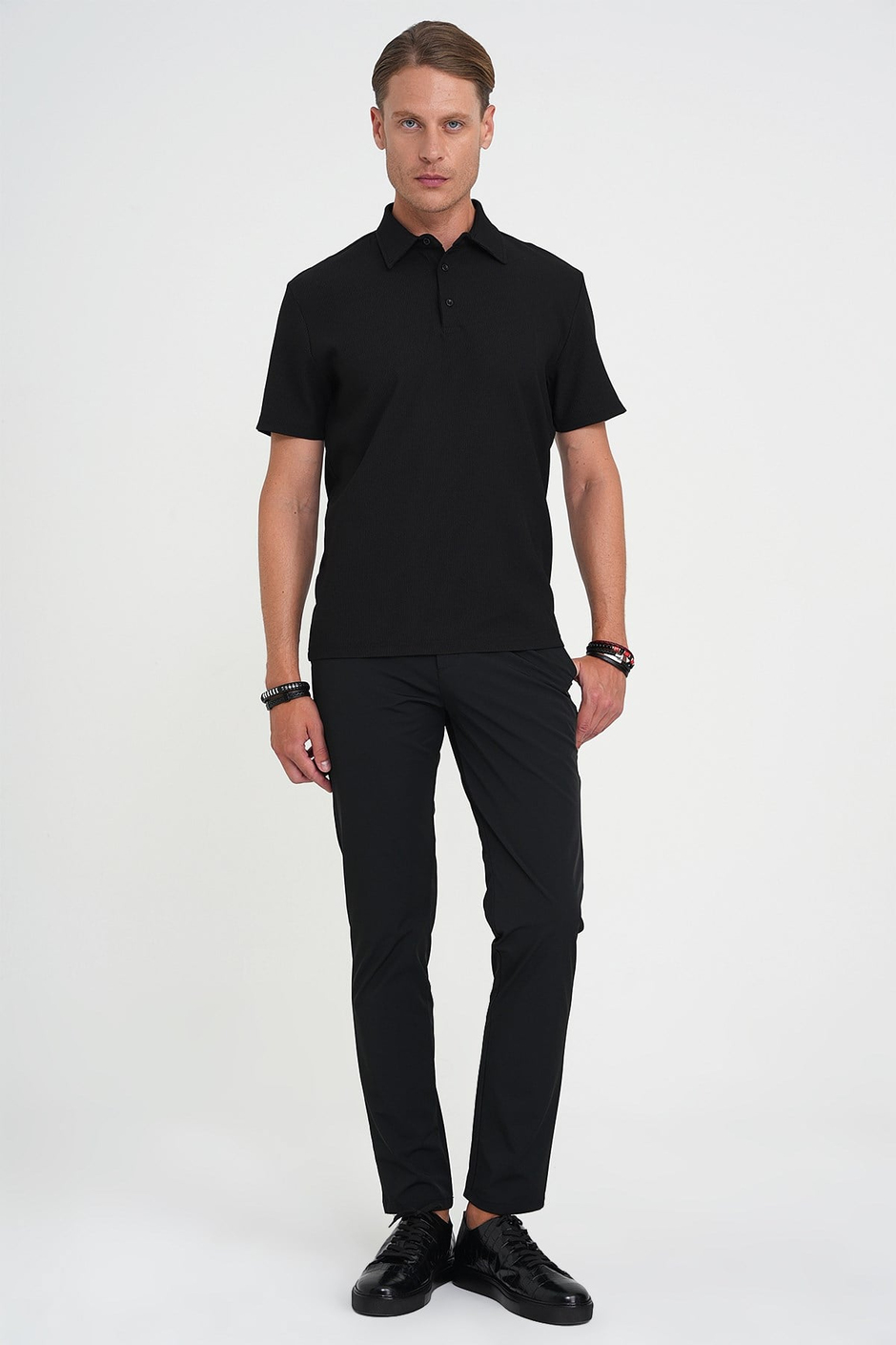 Slim Fit Polo Yaka Fitilli Dokuma Pamuklu Siyah Tişört TS 904