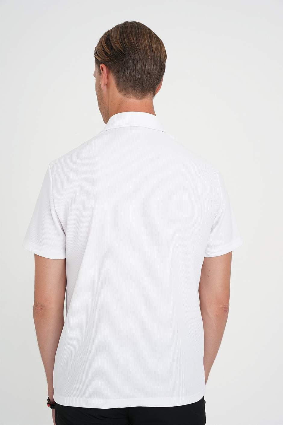 Slim Fit Polo Yaka Fitilli Dokuma Pamuklu Beyaz Tişört TS 904