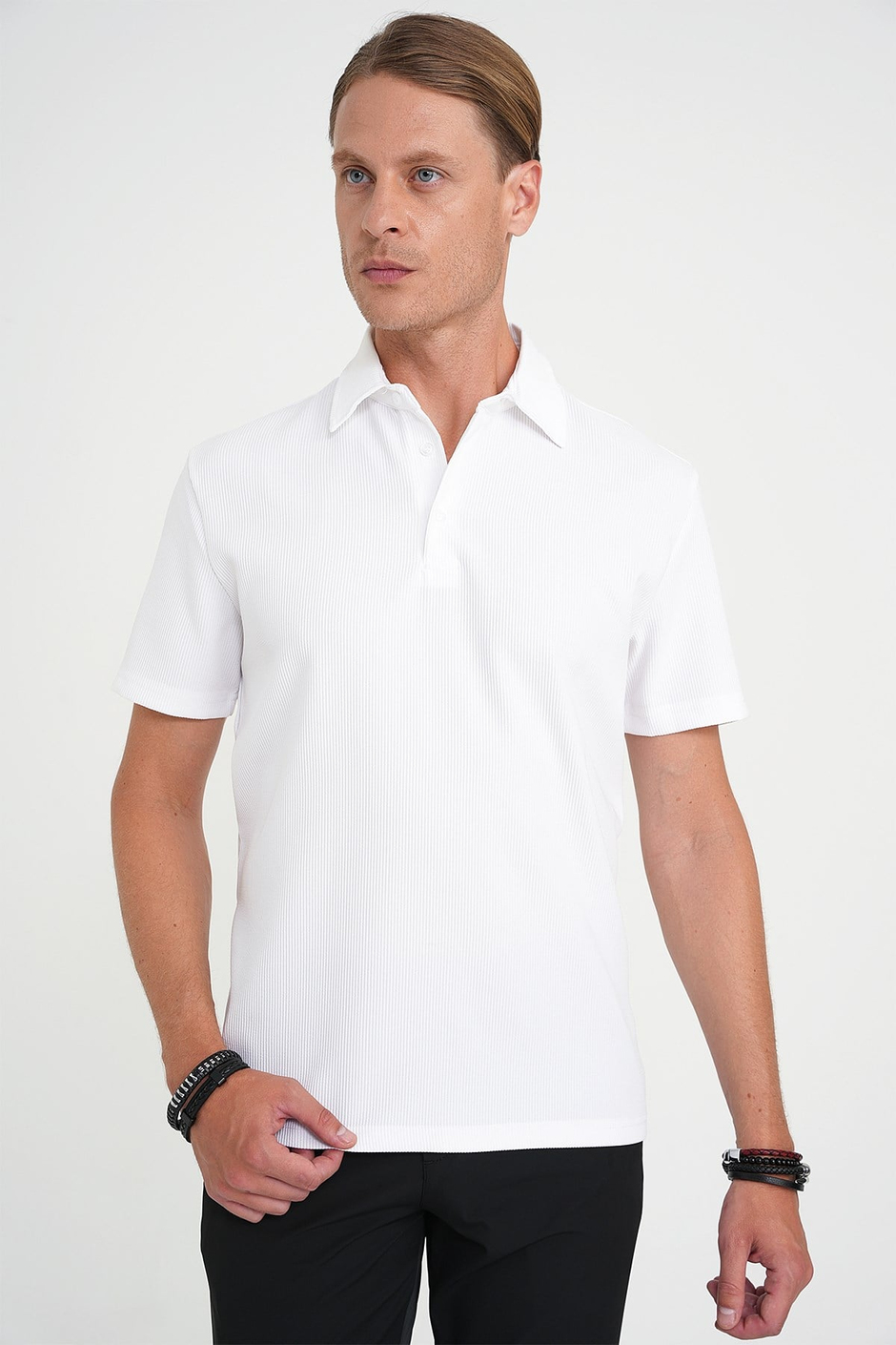 Slim Fit Polo Yaka Fitilli Dokuma Pamuklu Beyaz Tişört TS 904