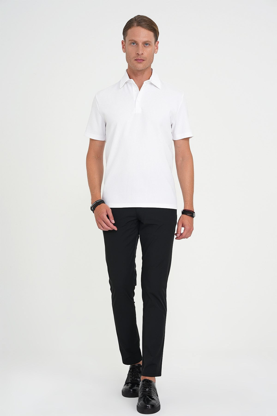 Slim Fit Polo Yaka Fitilli Dokuma Pamuklu Beyaz Tişört TS 904