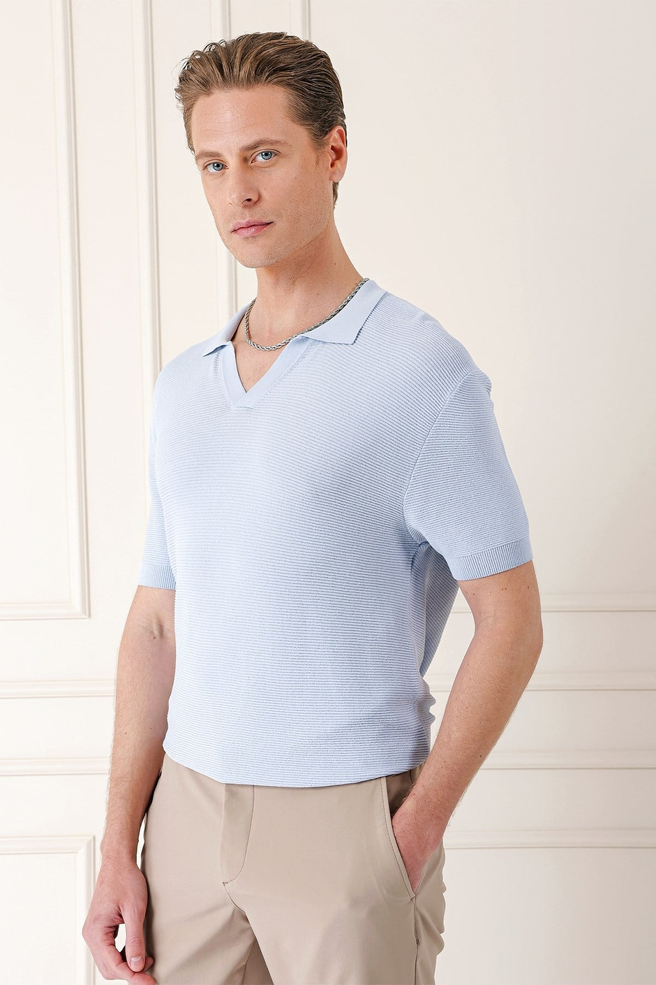 Slim Fit Polo Yaka Kısa Kol %100 Pamuk Mavi Triko Tr 868