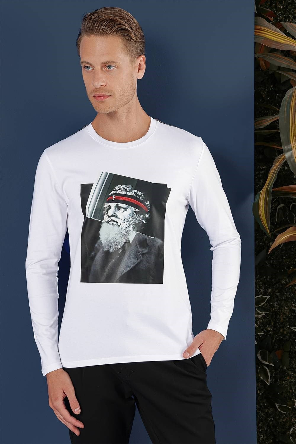 Slim Fit Poseidon Baskılı Pamuklu Uzun Kollu Beyaz Tişört TS 863