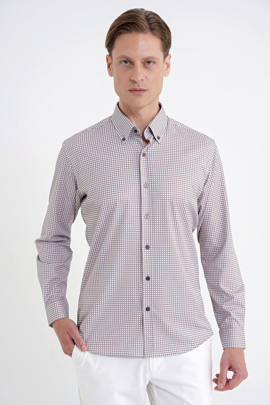 Slim Fit Pötikare Baskılı Pamuklu Yaka Düğmeli Vizon Gömlek G 1604