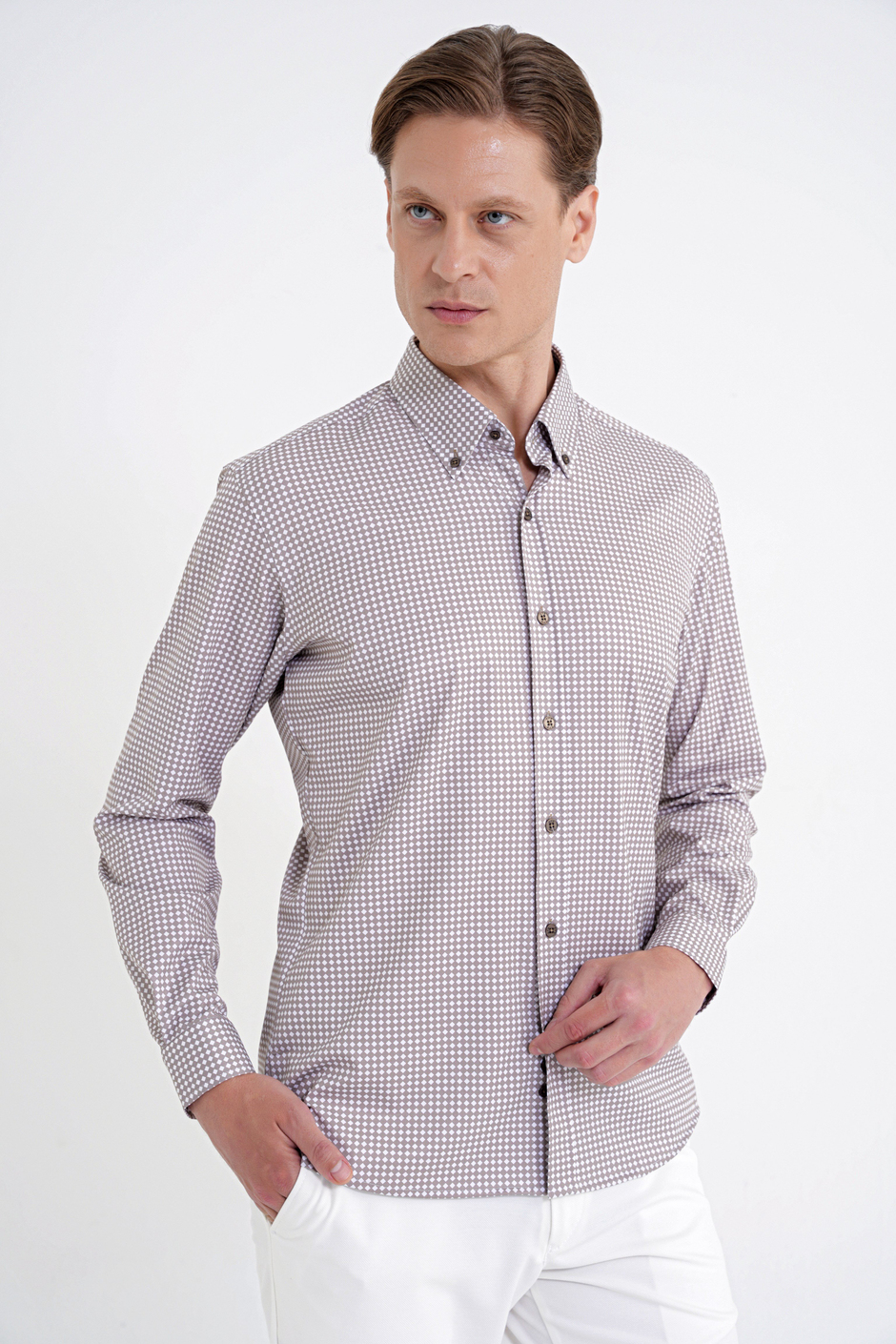 Slim Fit Pötikare Baskılı Pamuklu Yaka Düğmeli Vizon Gömlek G 1604