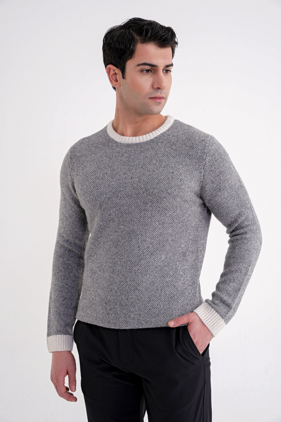 Slim Fit Renkli Ribanalı Ekru Gri Yünlü Bisiklet Yaka Triko Kazak TR 890