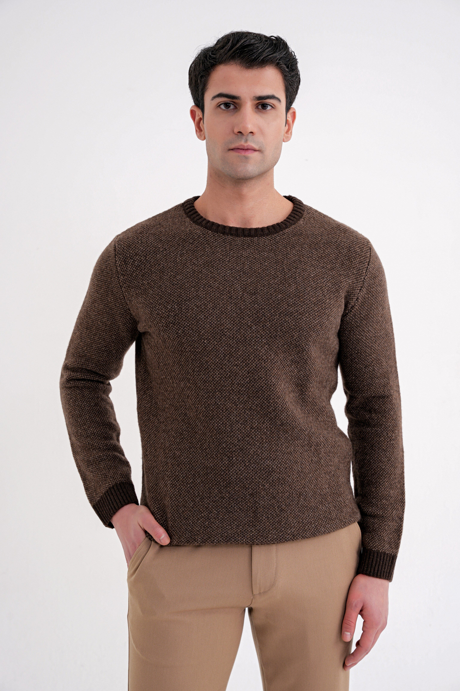 Slim Fit Renkli Ribanalı Kahverengi Vizon Yünlü Bisiklet Yaka Triko Kazak TR 890