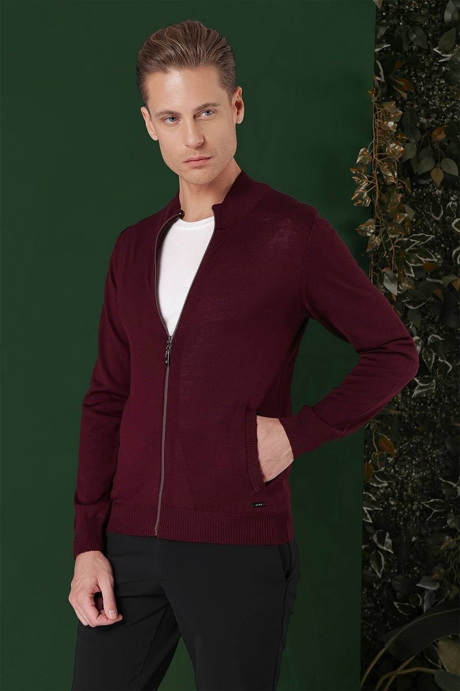 Slim Fit Ribanalı Bordo Yünlü Fermuarlı Hırka Triko Kazak TR 860