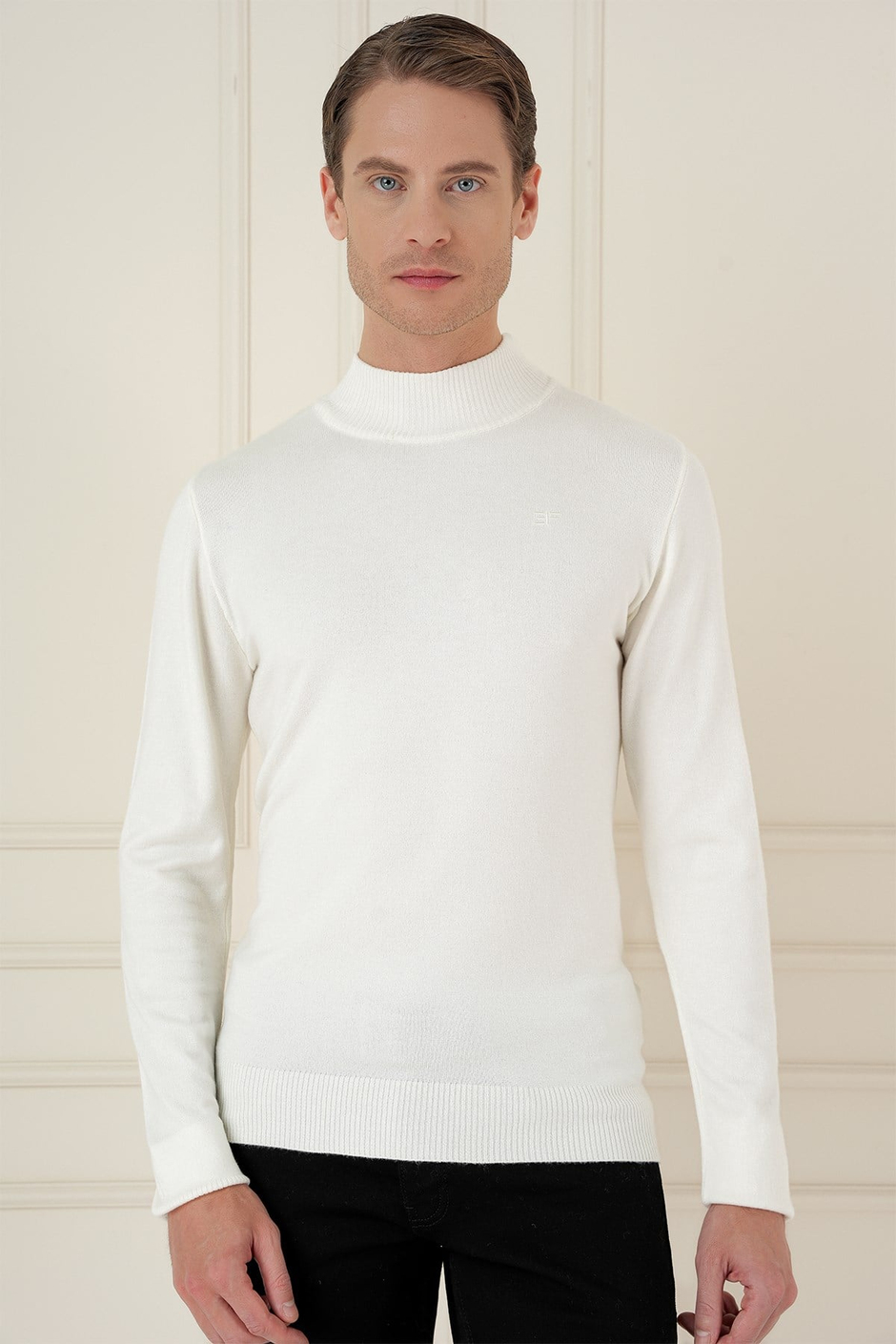 Slim Fit Ribanalı Düz Ekru Yünlü Yarım Balıkçı Triko Kazak TR 876