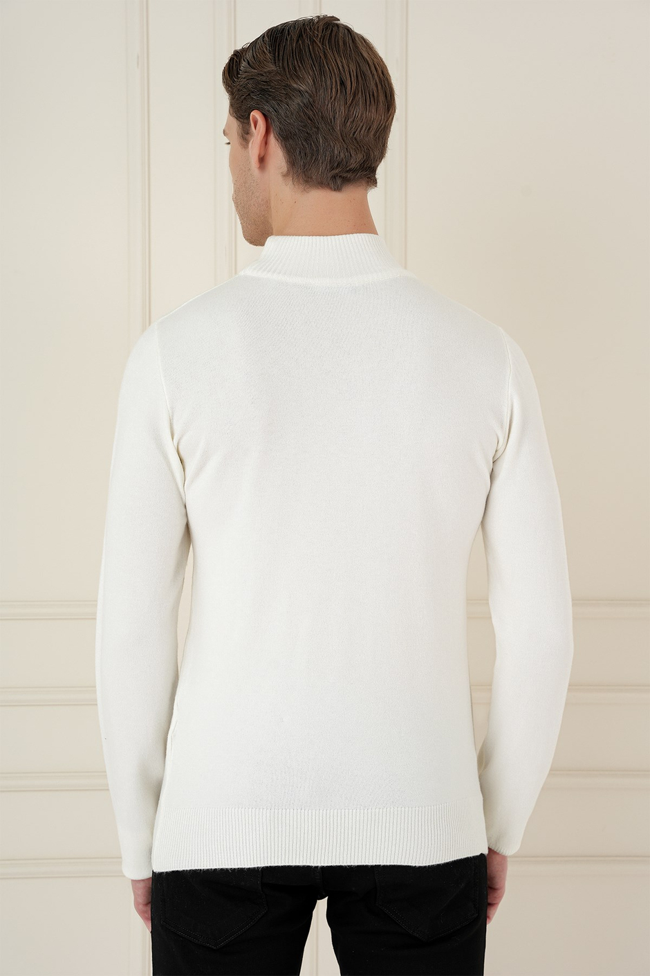 Slim Fit Ribanalı Düz Ekru Yünlü Yarım Balıkçı Triko Kazak TR 899