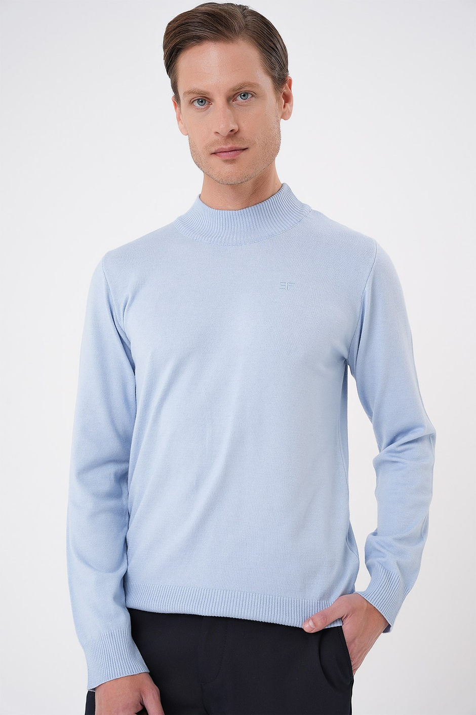 Slim Fit Ribanalı Düz Mavi Yünlü Yarım Balıkçı Triko Kazak TR 876