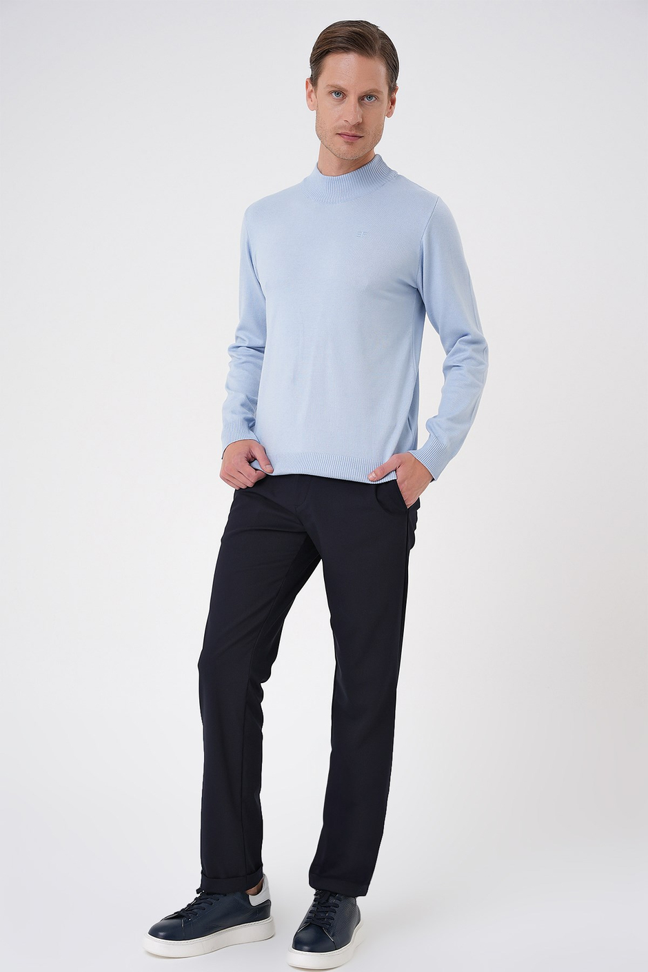 Slim Fit Ribanalı Düz Mavi Yünlü Yarım Balıkçı Triko Kazak TR 876
