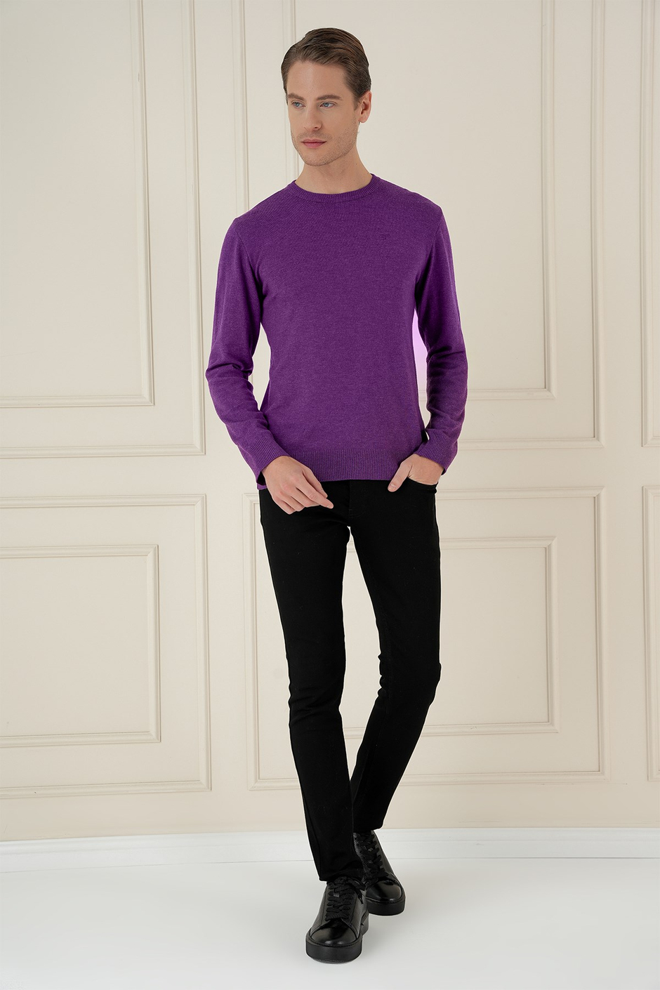Slim Fit Ribanalı Düz Mor Yünlü Bisiklet Yaka Triko Kazak TR 875