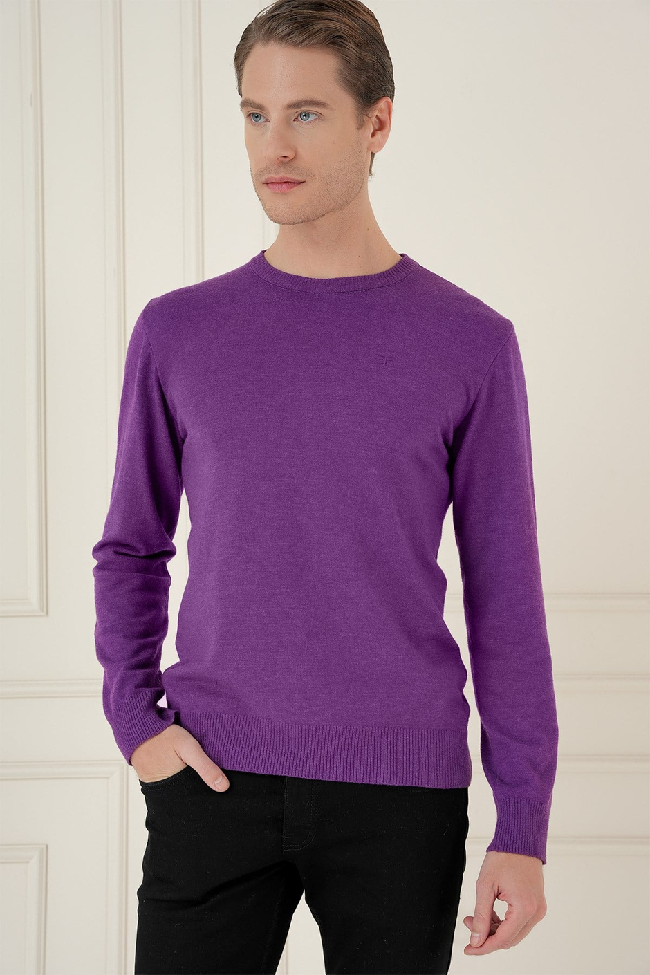Slim Fit Ribanalı Düz Mor Yünlü Bisiklet Yaka Triko Kazak TR 875