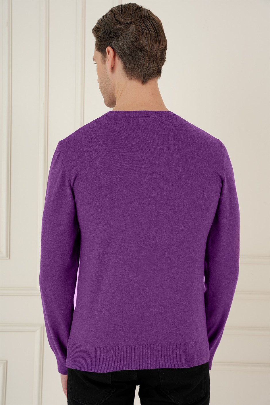 Slim Fit Ribanalı Düz Mor Yünlü Bisiklet Yaka Triko Kazak TR 875