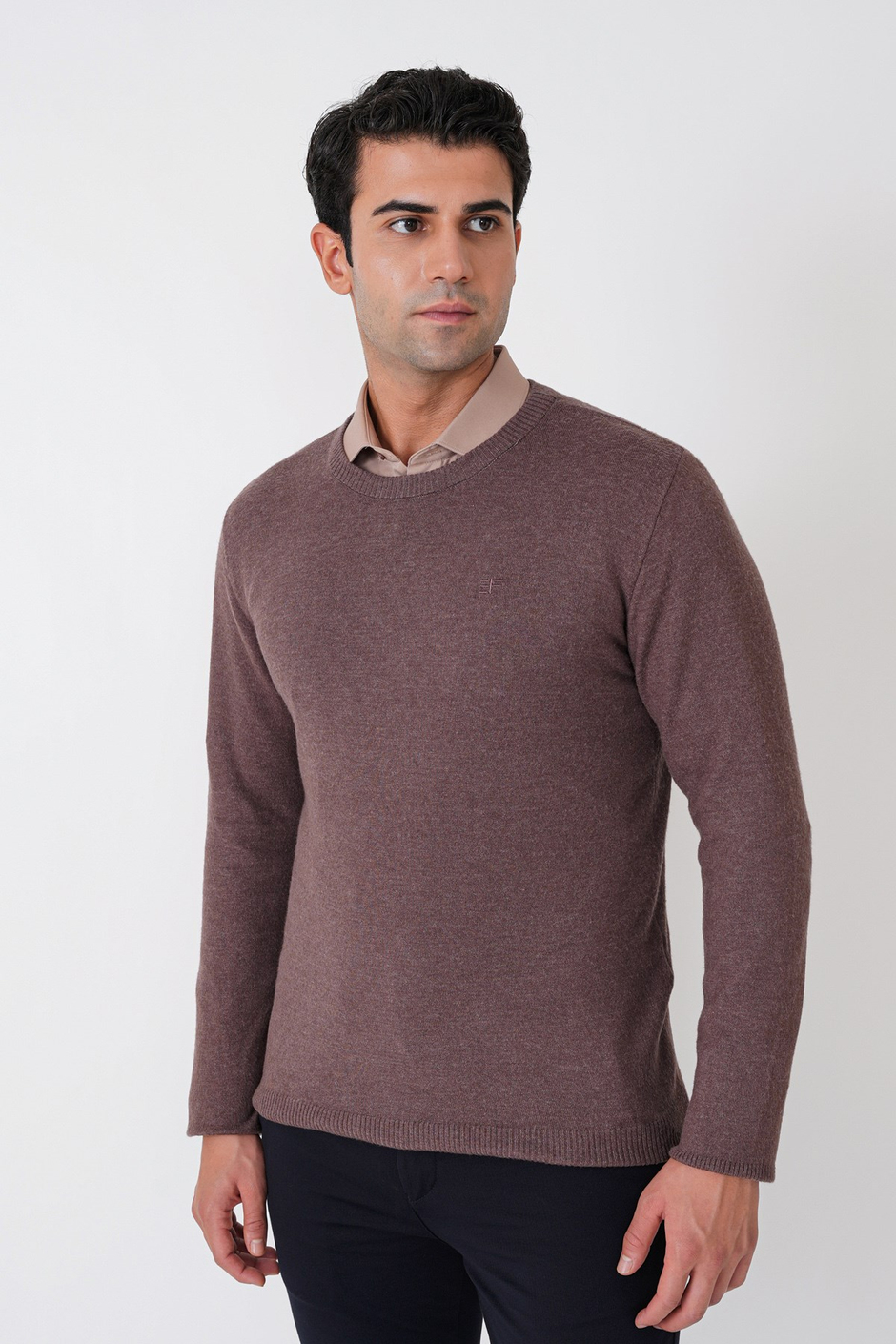 Slim Fit Ribanalı Düz Sütlü Kahve Yünlü Bisiklet Yaka Triko Kazak TR 900