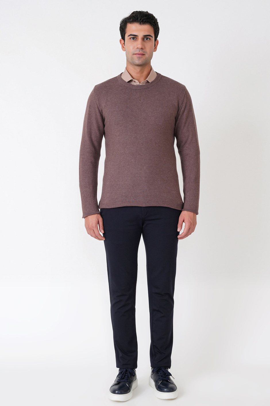 Slim Fit Ribanalı Düz Sütlü Kahve Yünlü Bisiklet Yaka Triko Kazak TR 900